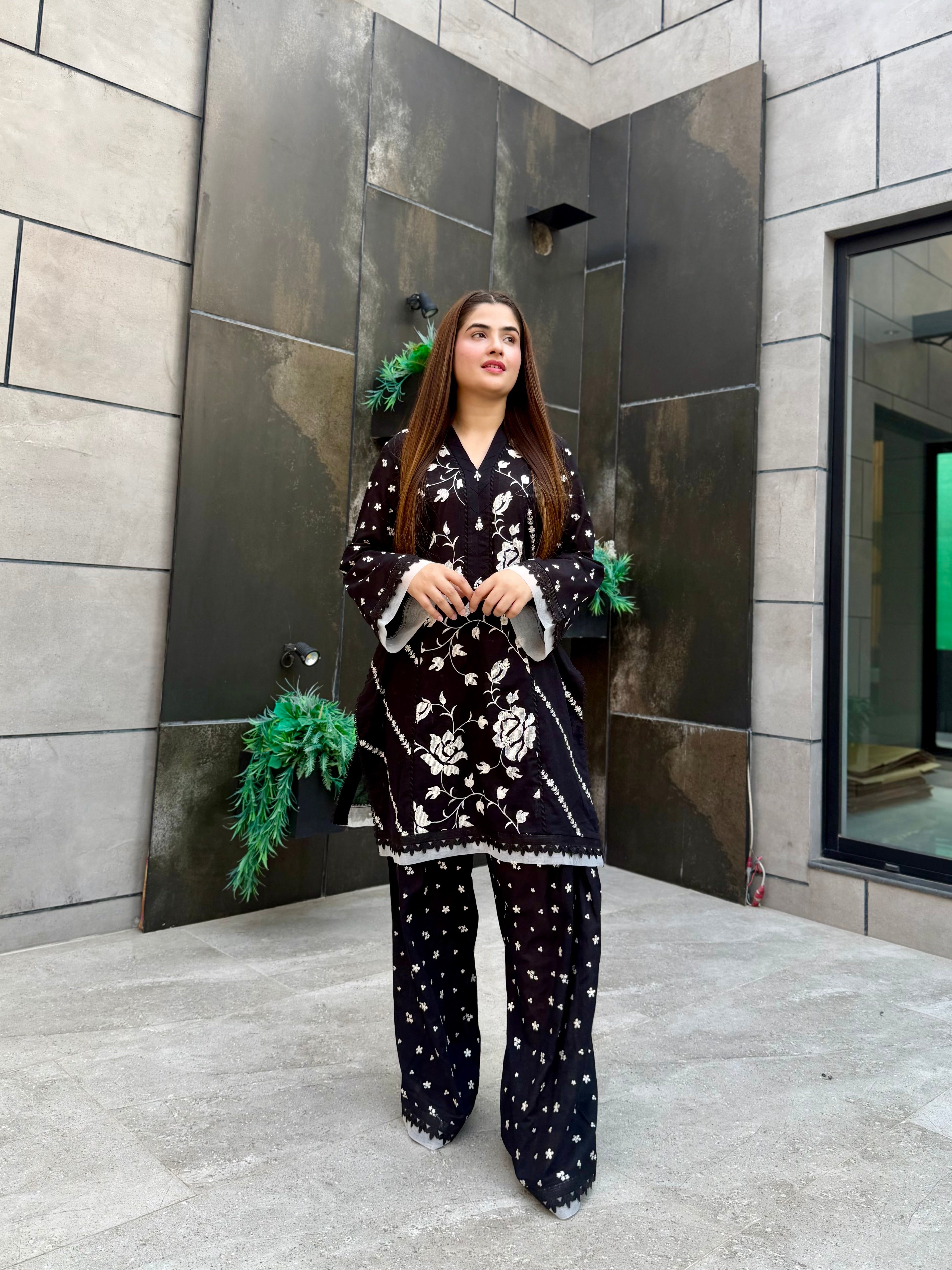 Two pc white on black embroidered lawn set