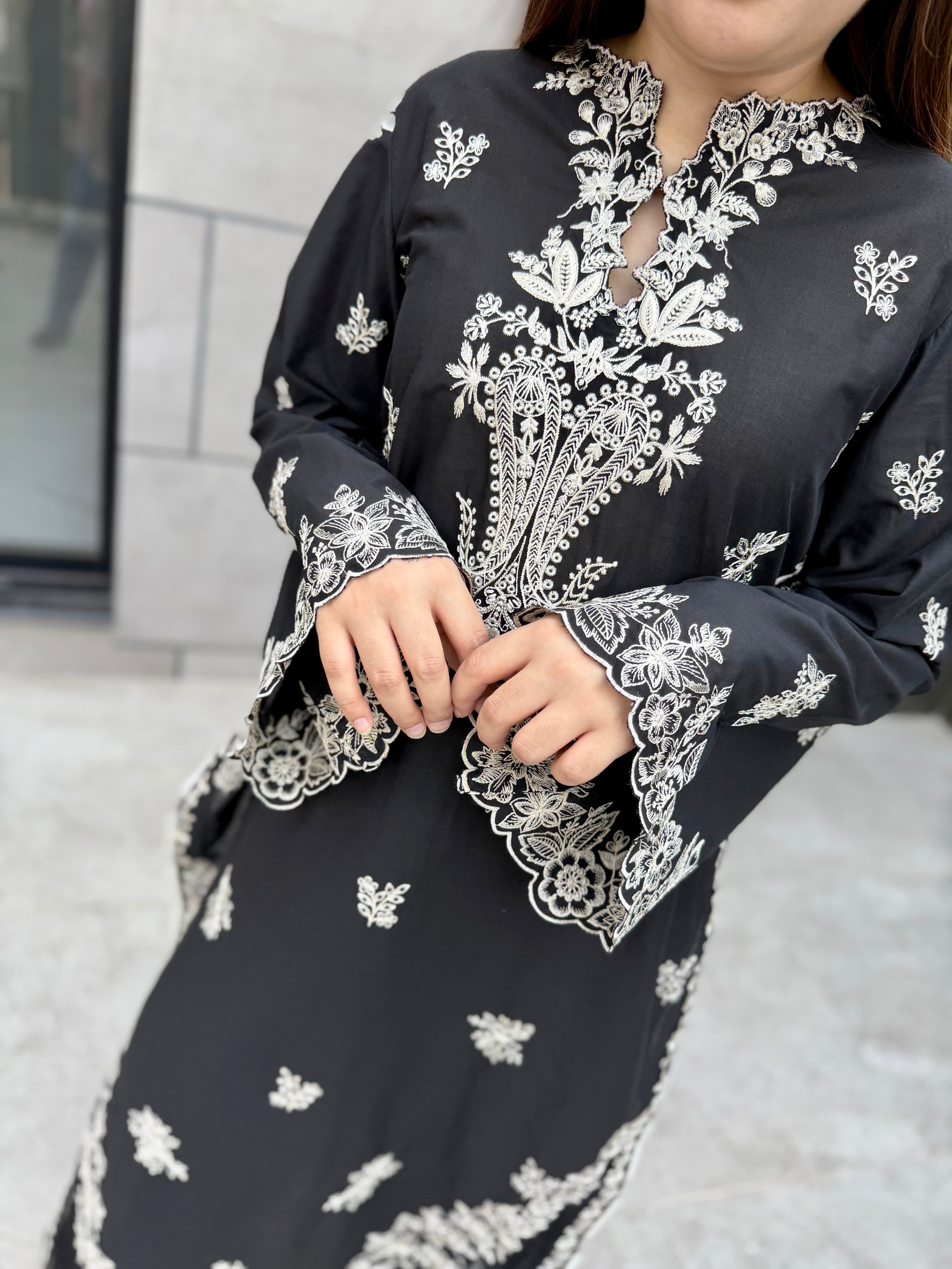 Black on white lawn embroidered 2 pc set