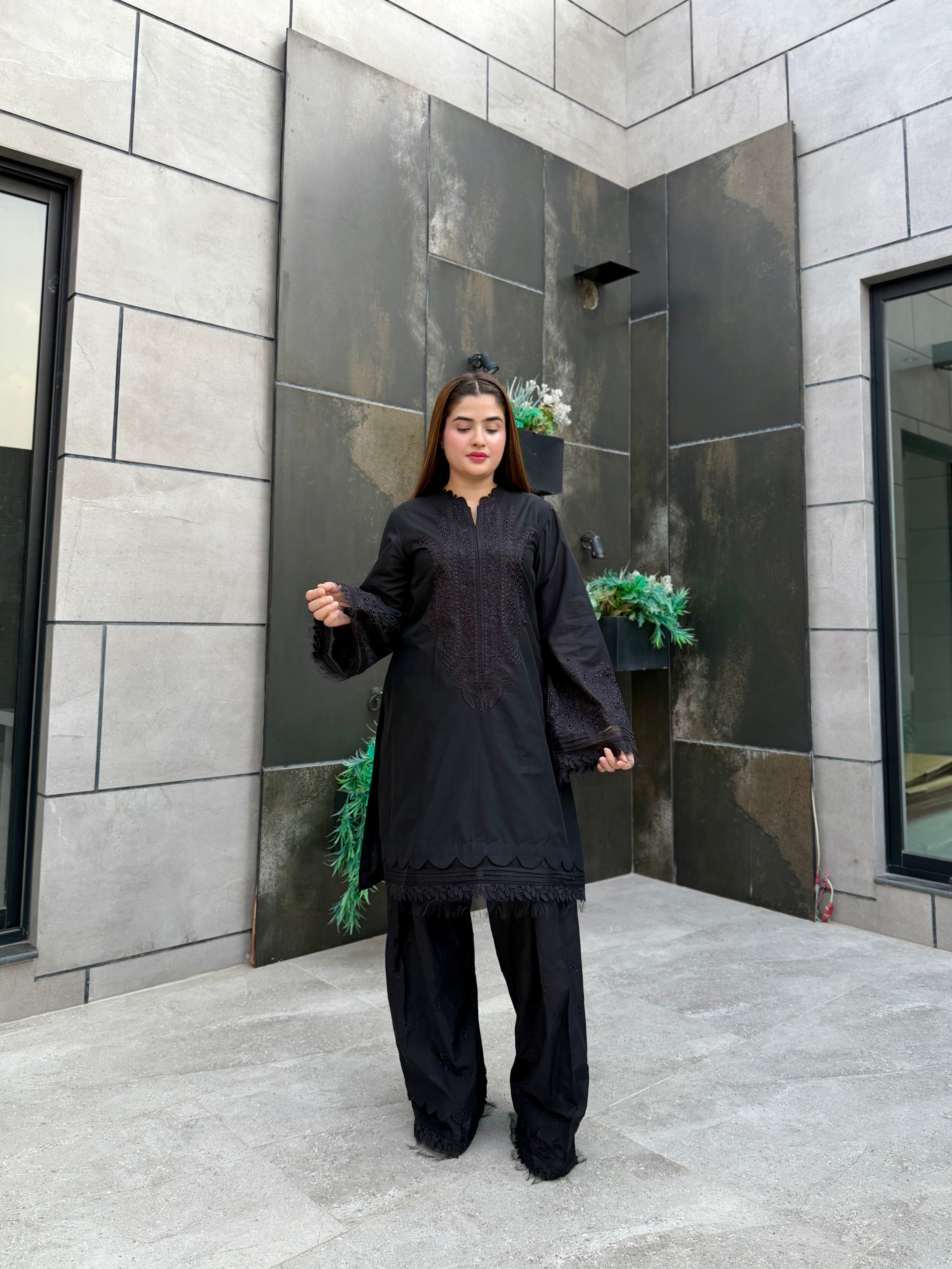 Black on black 2 pc embroidered lawn set