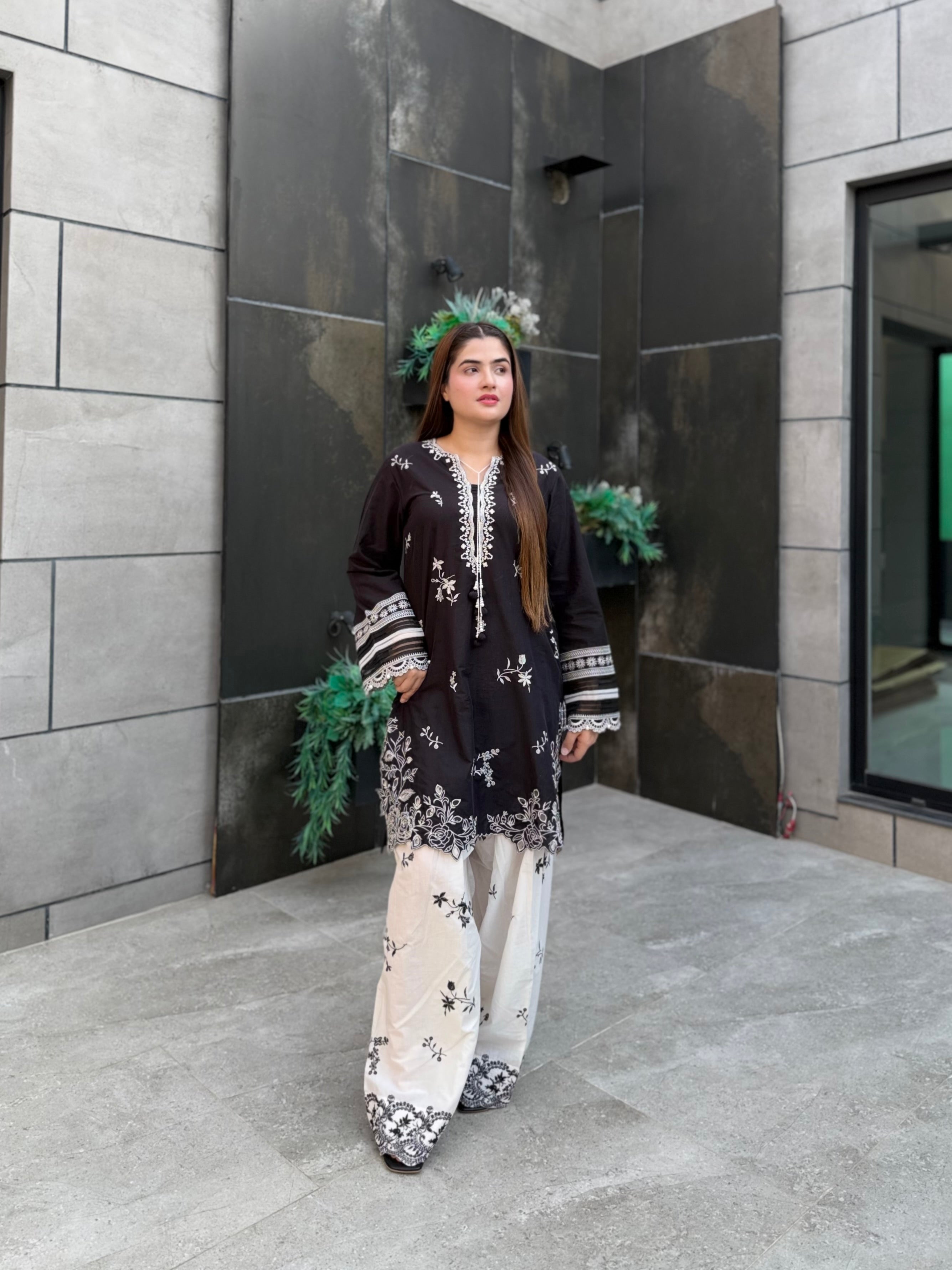Black and white 2 pc lawn embroidered set