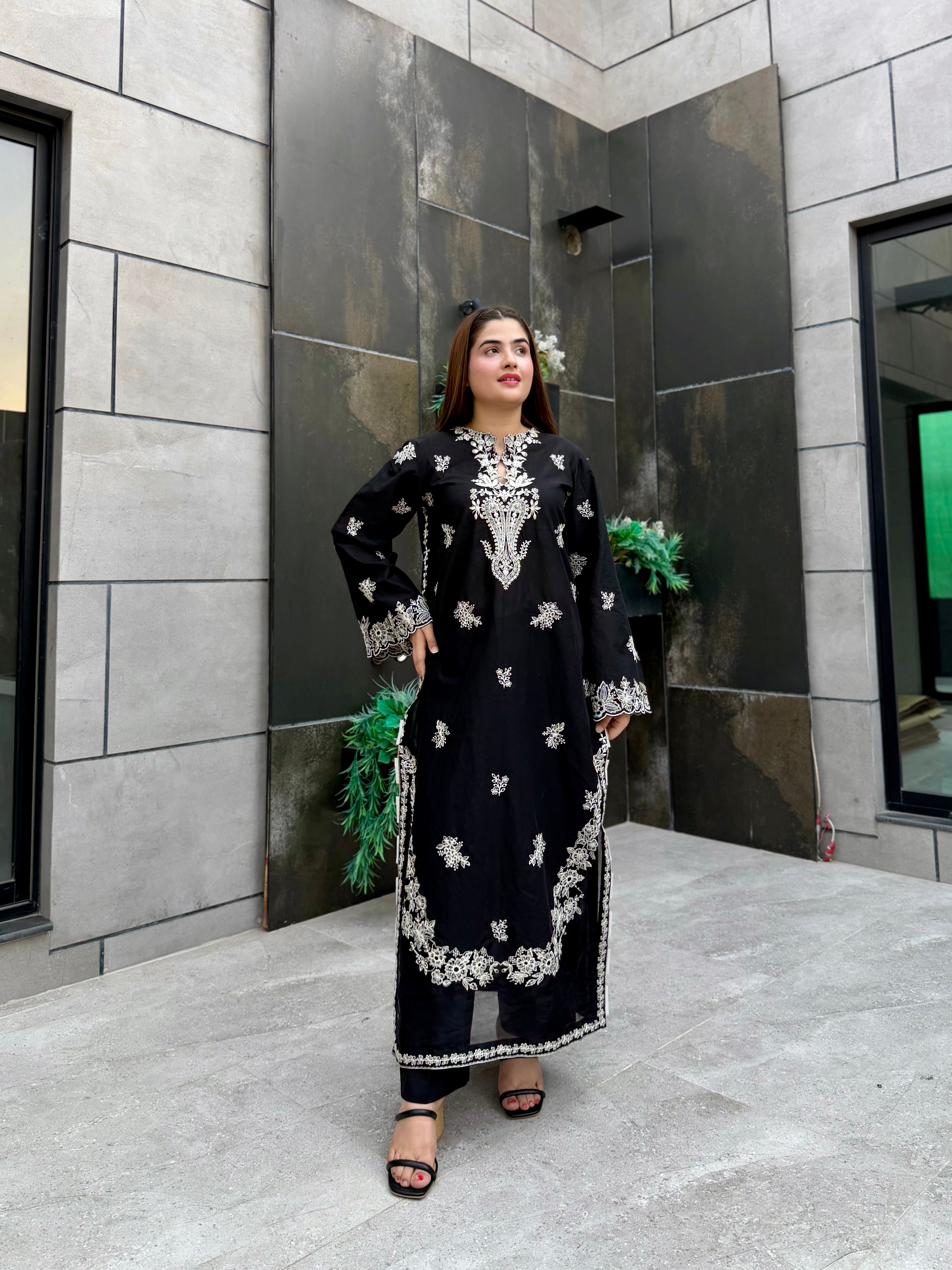 Black on white lawn embroidered 2 pc set