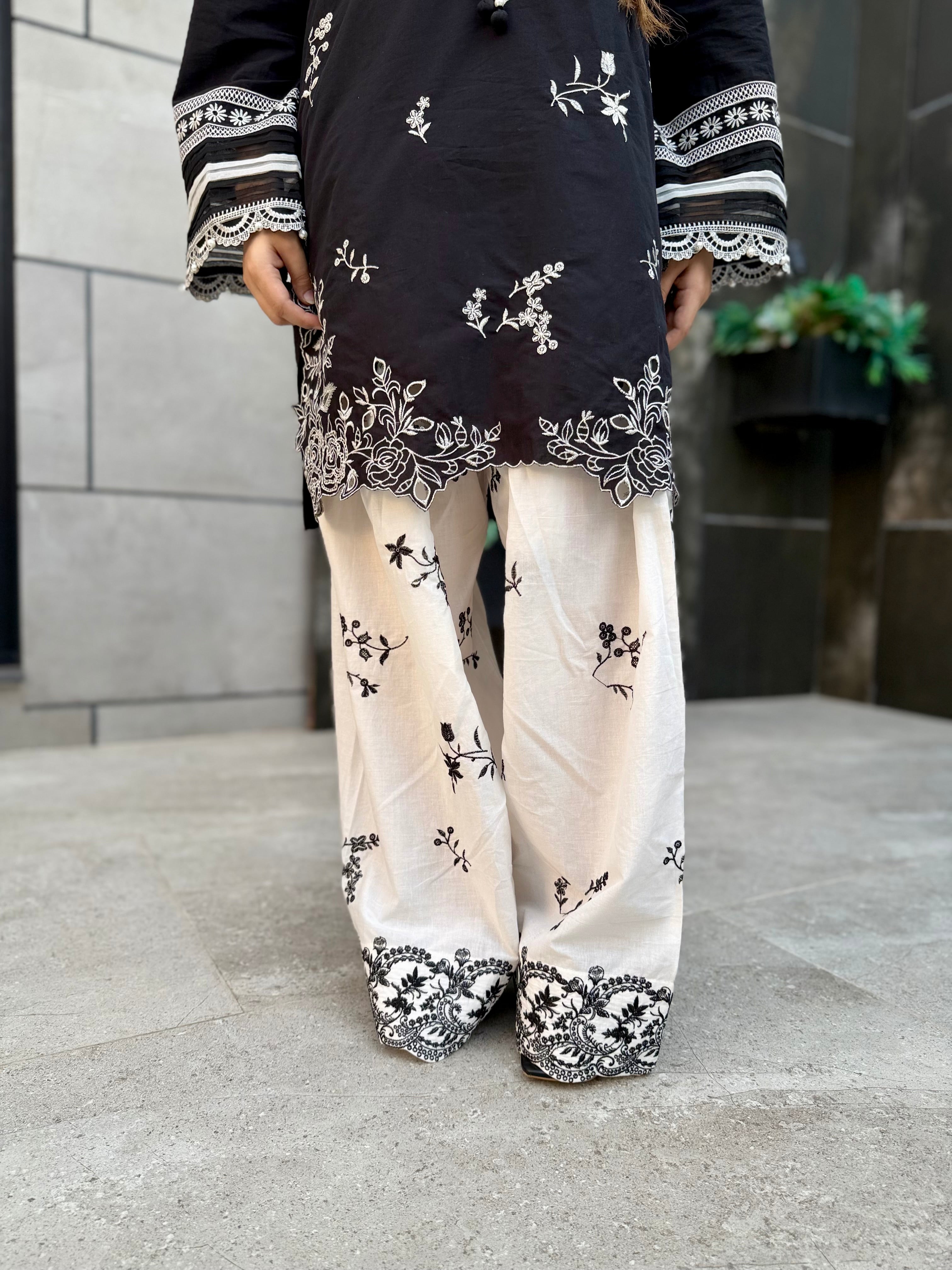 Black and white 2 pc lawn embroidered set