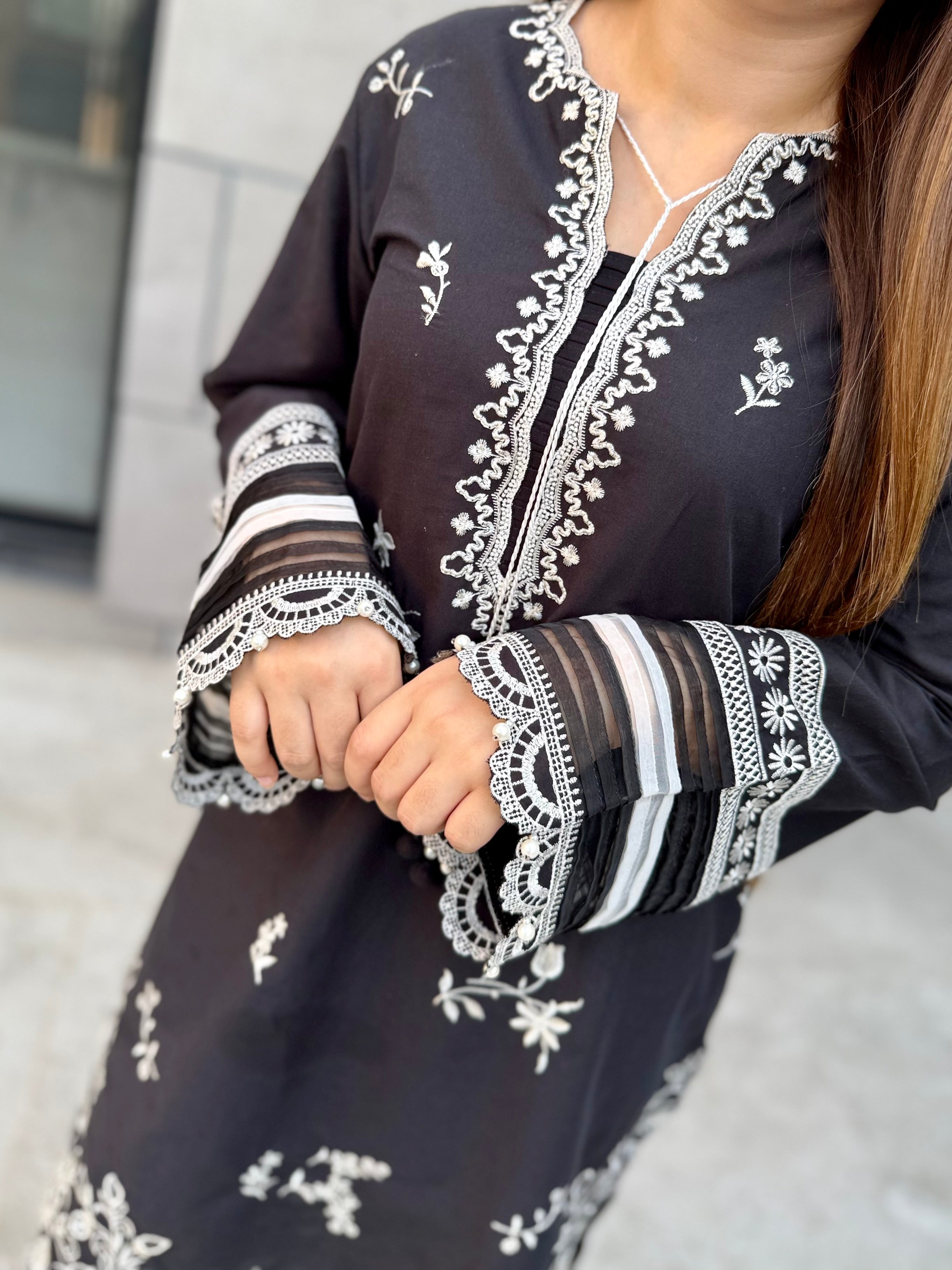 Black and white 2 pc lawn embroidered set