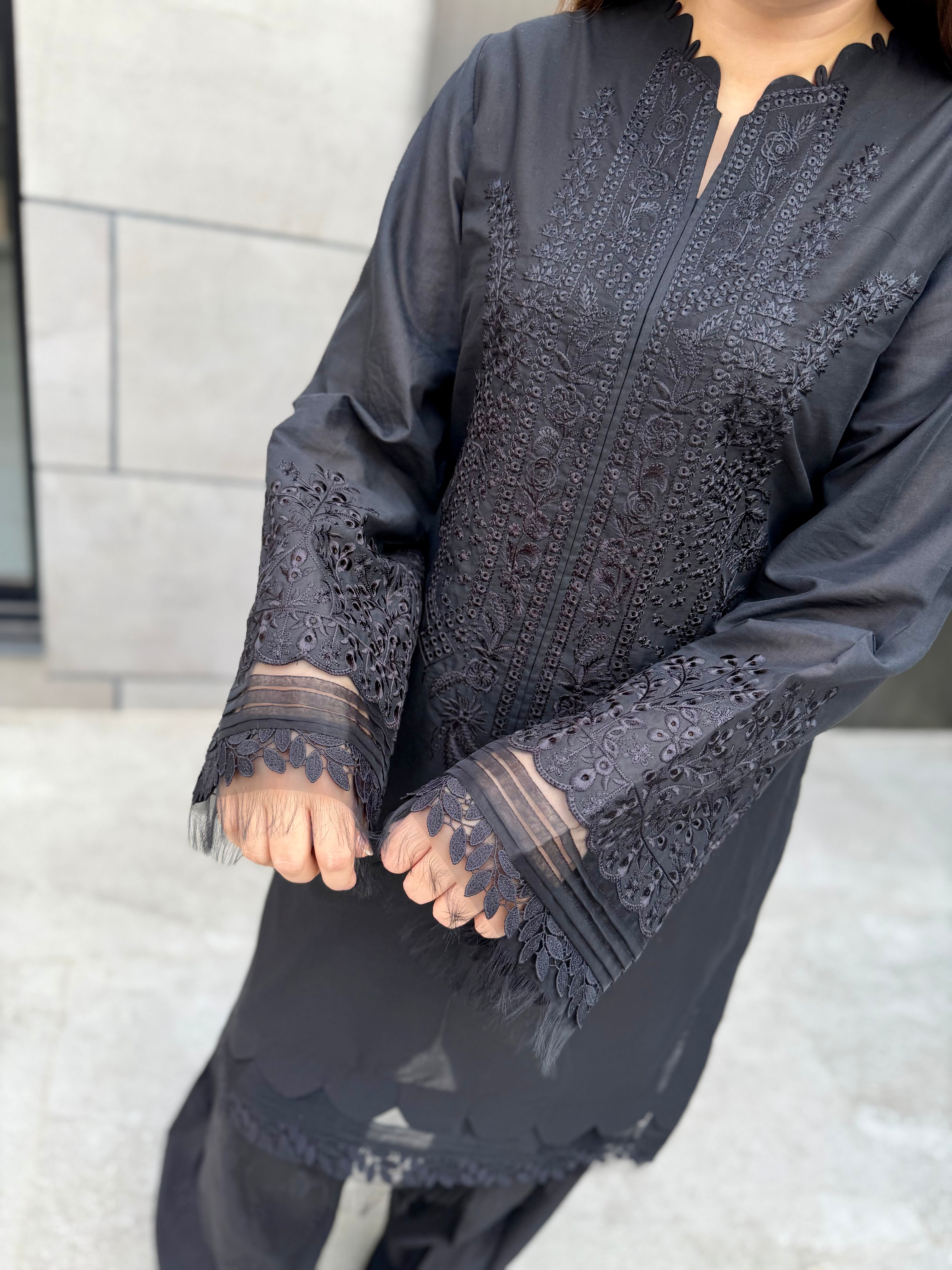 Black on black 2 pc embroidered lawn set