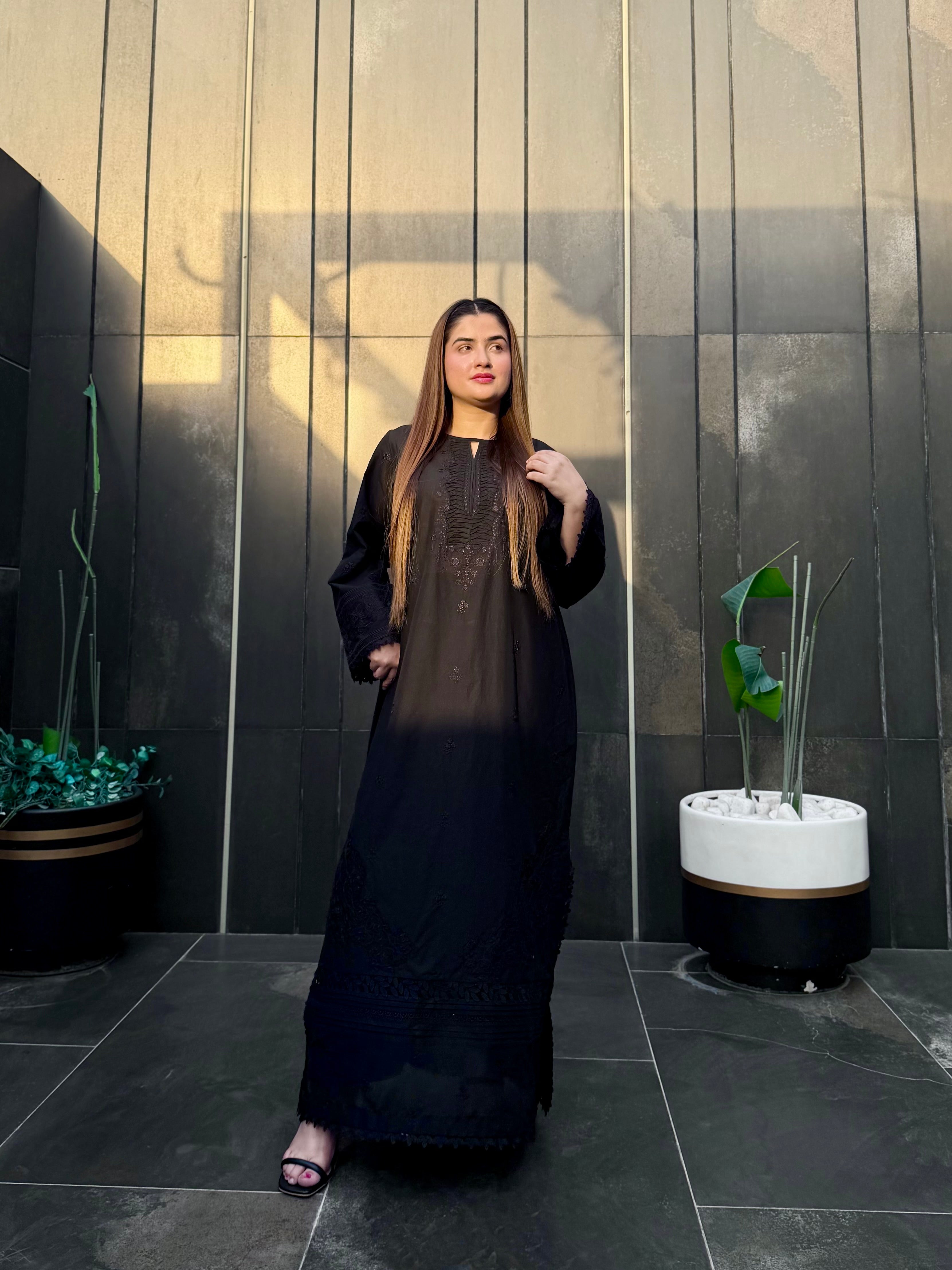 Black on black embroidered kaftan 2 pc