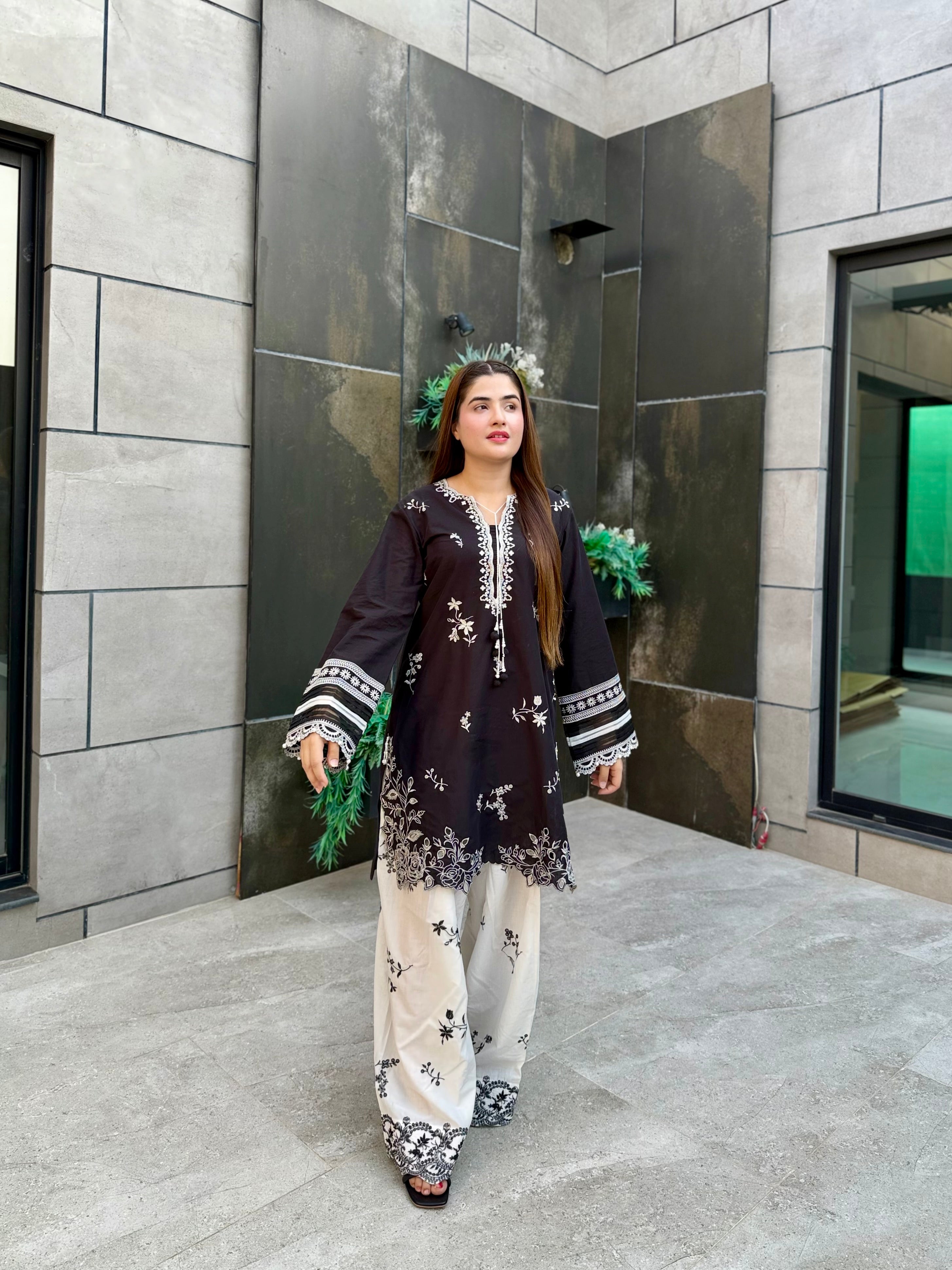 Black and white 2 pc lawn embroidered set