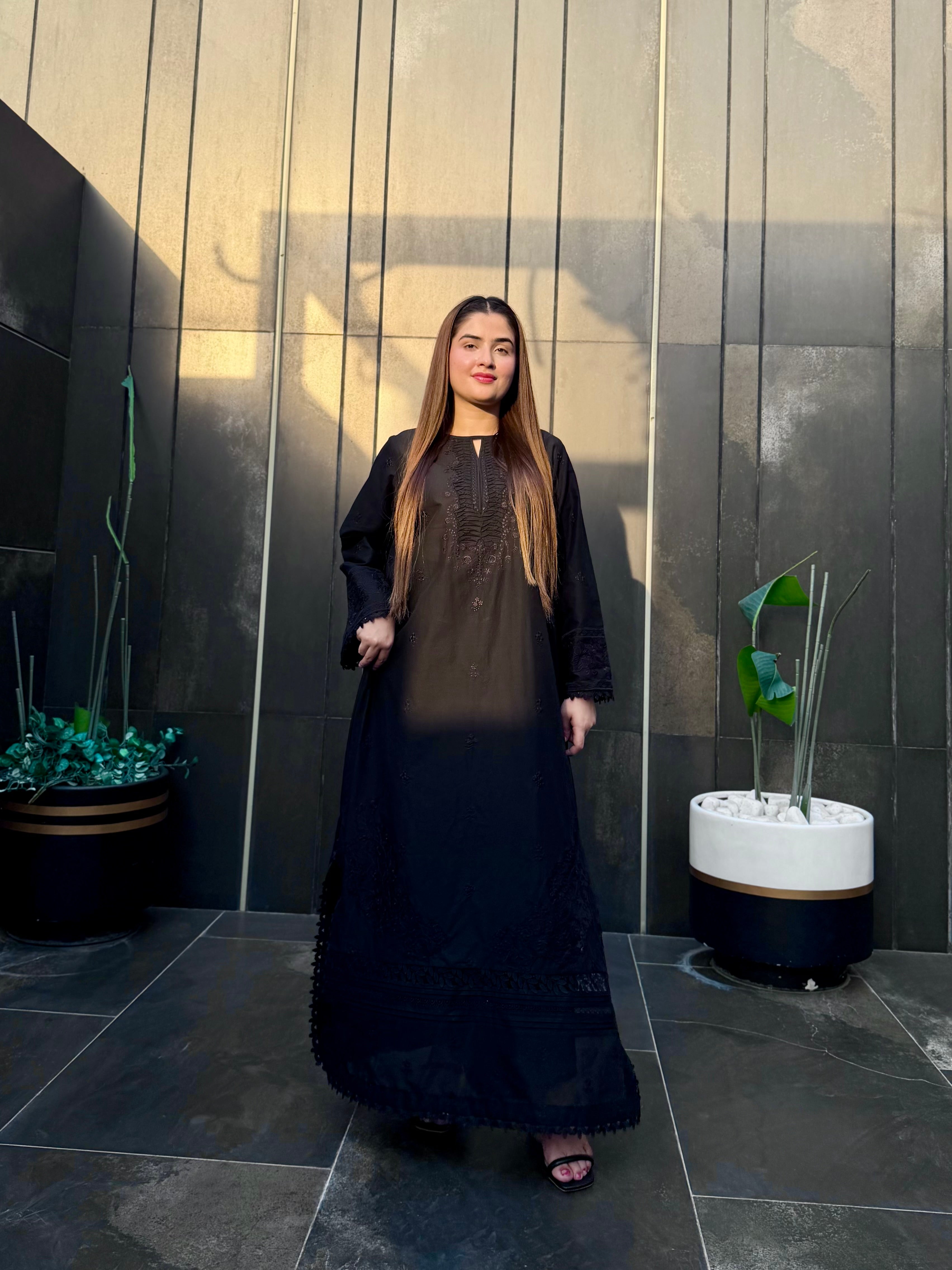 Black on black embroidered kaftan 2 pc