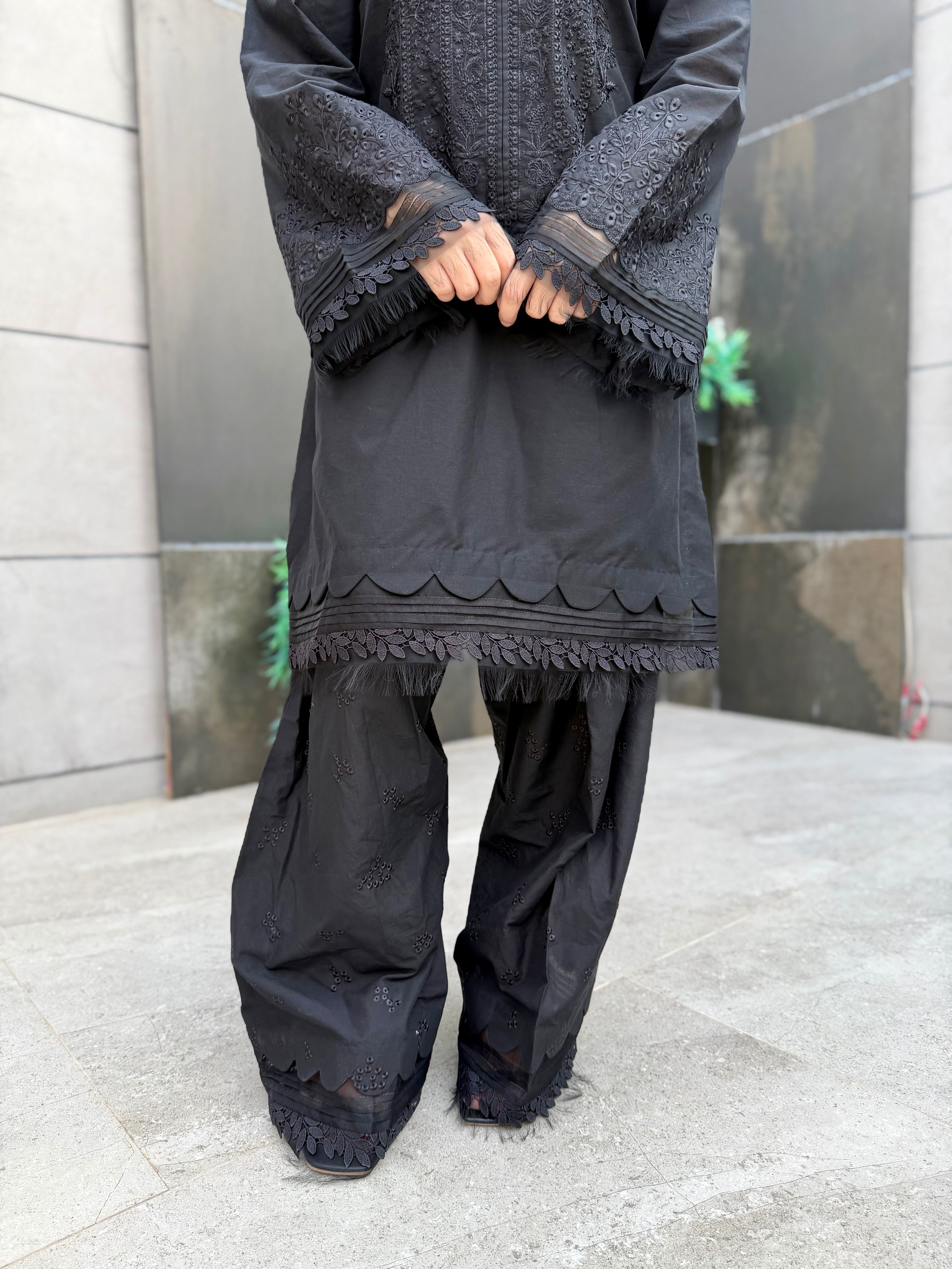 Black on black 2 pc embroidered lawn set