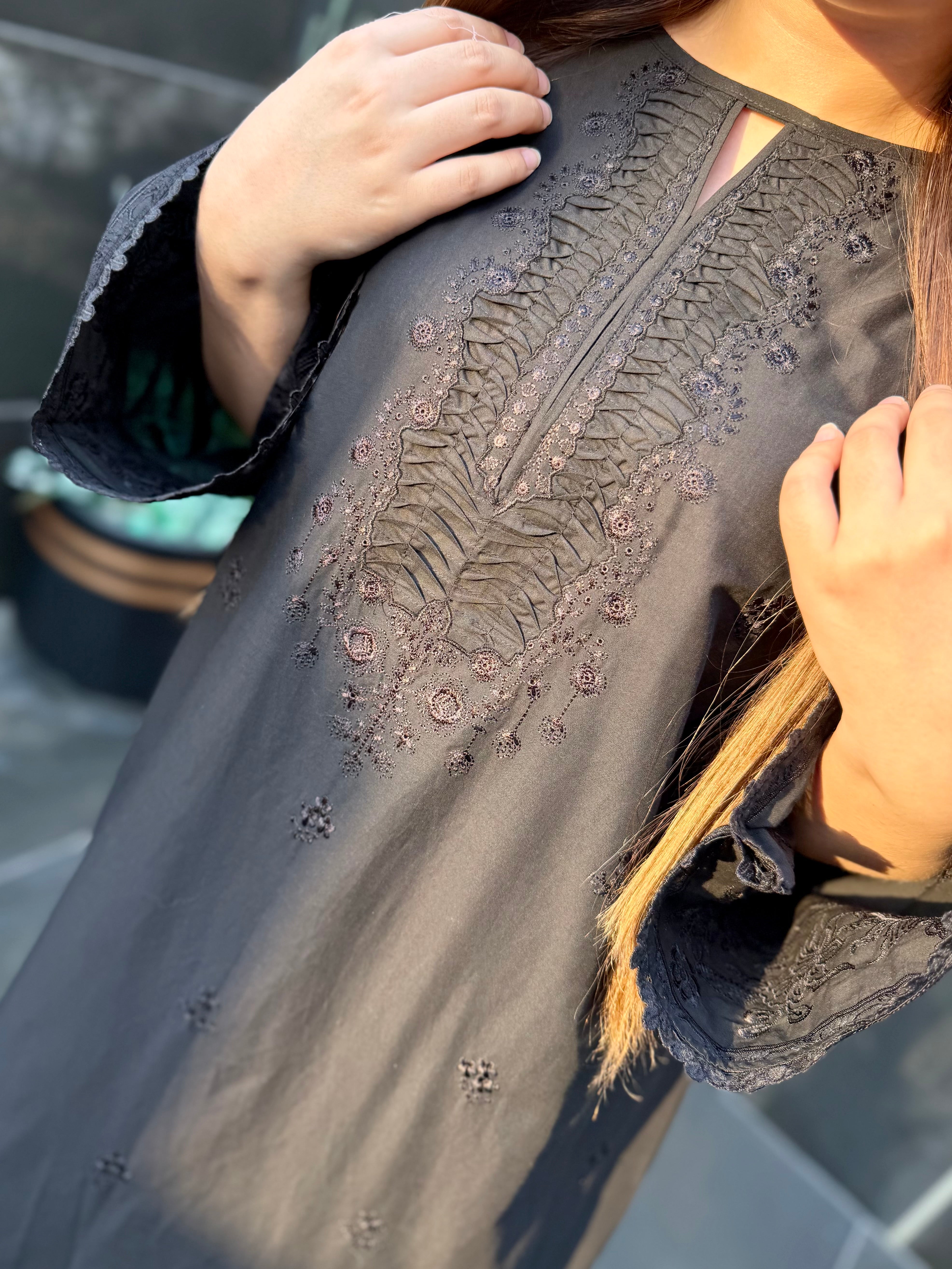 Black on black embroidered kaftan 2 pc