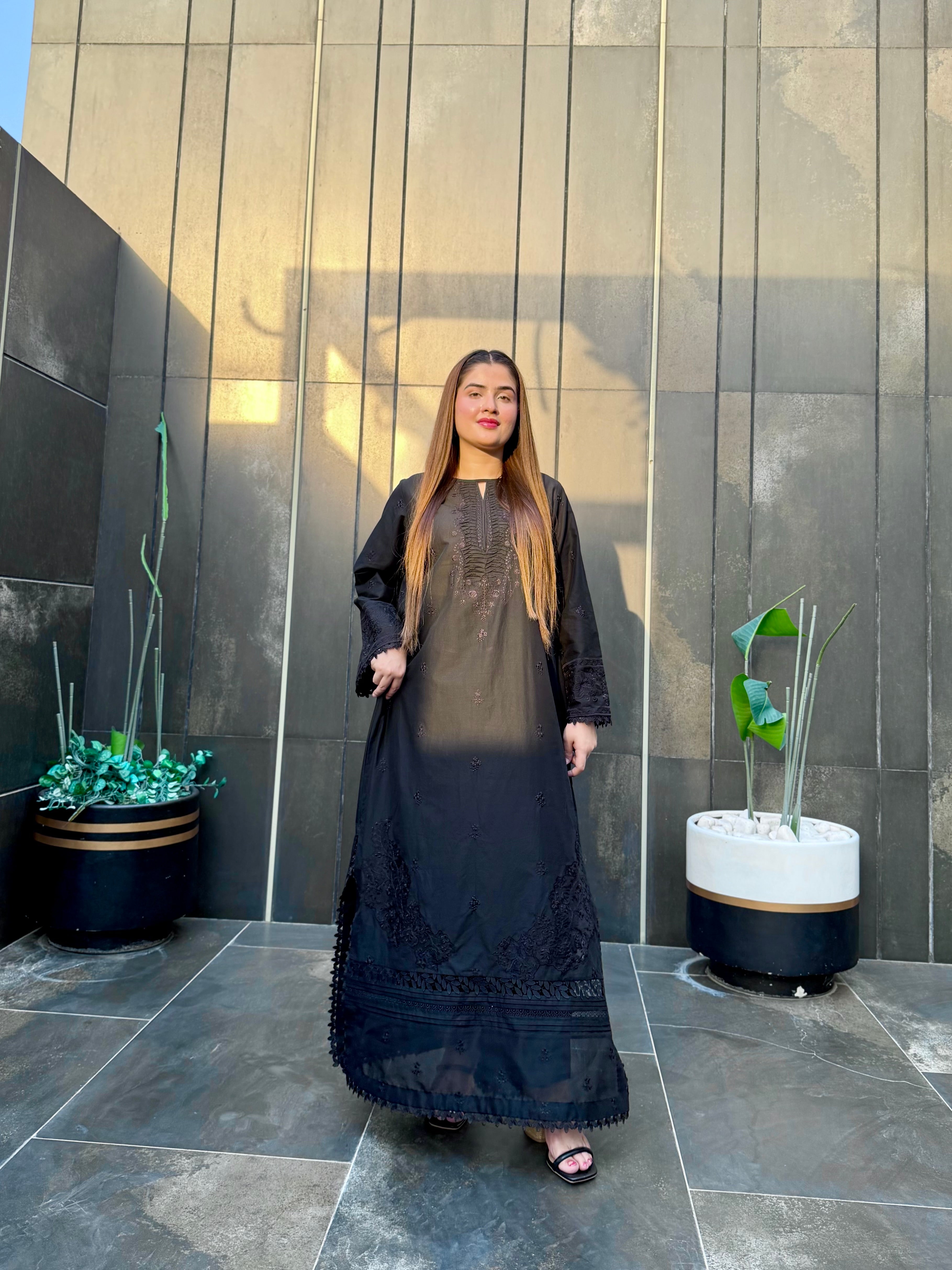 Black on black embroidered kaftan 2 pc