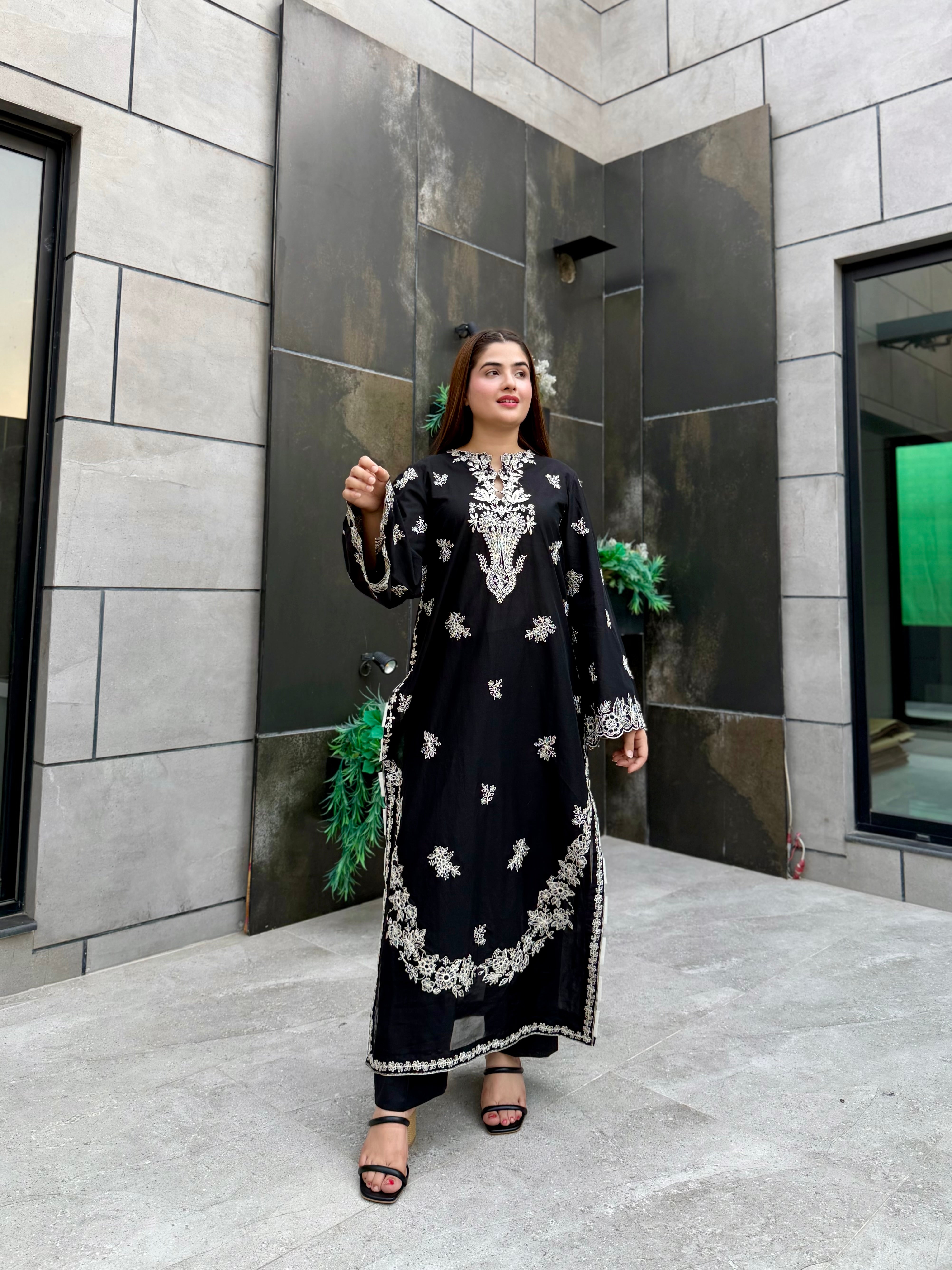 Black on white lawn embroidered 2 pc set