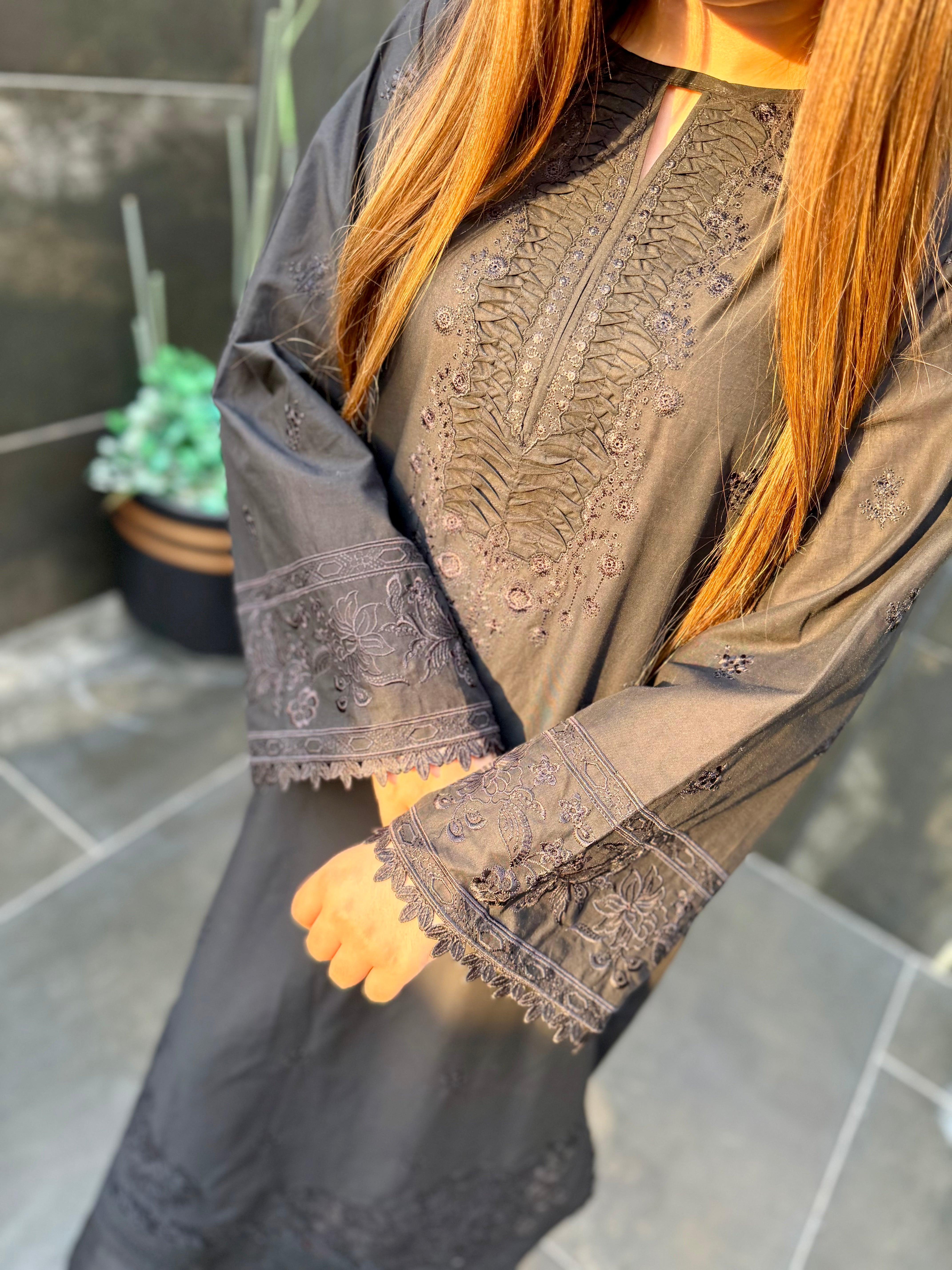 Black on black embroidered kaftan 2 pc