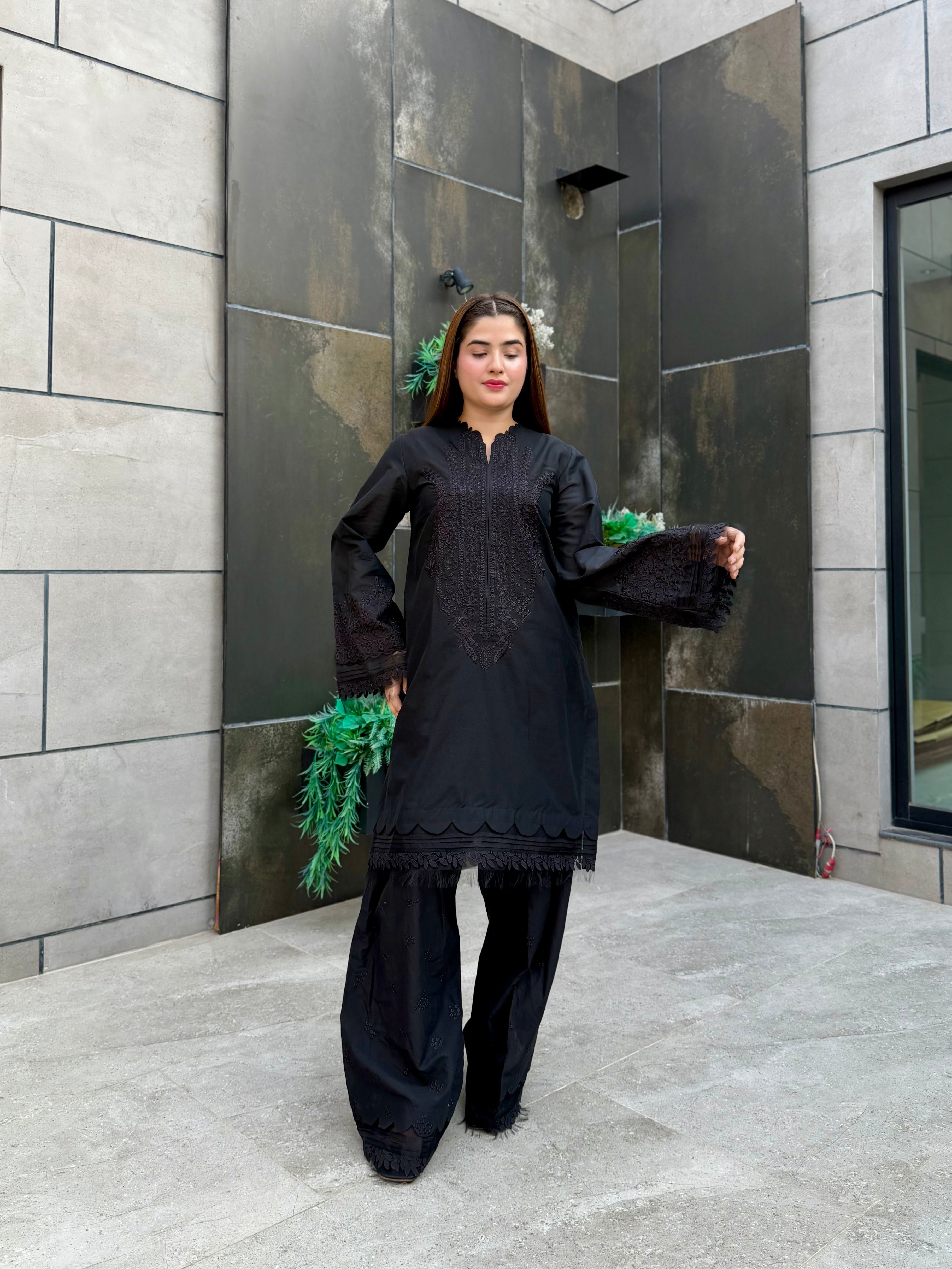 Black on black 2 pc embroidered lawn set